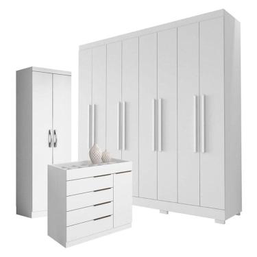 Imagem de Guarda Roupa Casal Porto 8 Portas 4 Gavetas com Cômoda Sapateira Sevilha e Armário Multiuso 2 portas New Branco Brilho - Aramóveis
