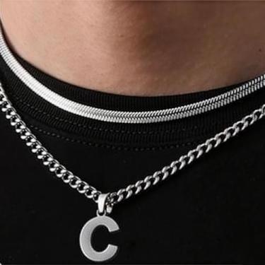 Imagem de Coleção de 26 colares com pingente de alfabeto em camadas, design de corrente dupla (cobra e elos cubanos), joias urbanas hip hop para uso diário e casual, One Size, Aço inoxidável, Sem Pedra Preciosa