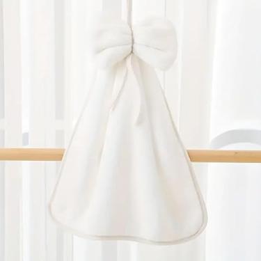 Imagem de 1 toalha de dedo de veludo coral com laço - macia, de secagem rápida, toalha de banho com laço para pendurar - Acessório de banheiro de lã coral para limpar as mãos, suprimentos de banheiro, branca