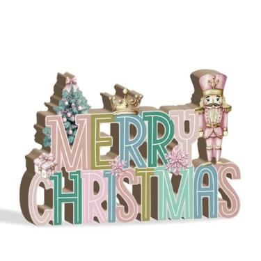 Imagem de Putuo Decor Decoração de mesa de Feliz Natal, placa de madeira pastel com coroa de árvore quebra-nozes e presentes para festas de fim de ano, mesa de jantar, cornija ou prateleira, peça central de