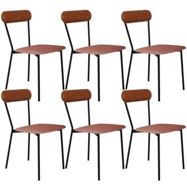 Imagem de Kit 06 Cadeiras Estofada Para Sala De Jantar Liora Preto C01 Linho Rosê Courino Caramelo - Lyam Decor