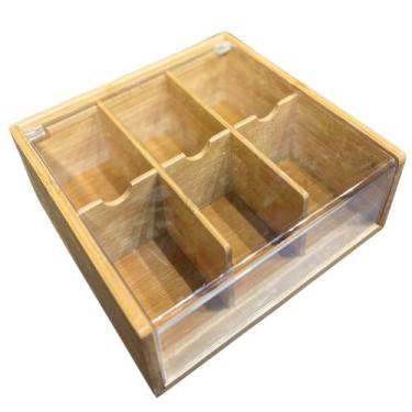 Imagem de Caixa Organizadora de Chá em Bambu com Tampa Transparente e 6 Divisóri
