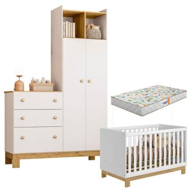 Imagem de Berço Americano 4315 Mini Cama E Guarda Roupa Com Cômoda Q Encanto Slim 4970 Branco Acetinado Com Colchão Gazin - Qmovi