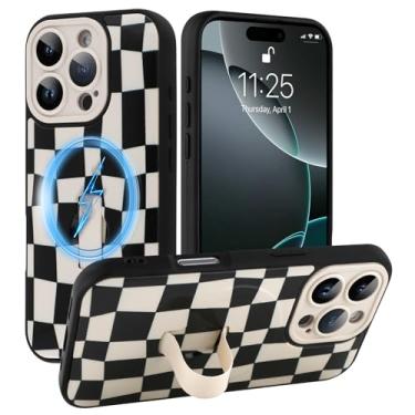 Imagem de SOKAD Capa quadriculada magnética para iPhone 16 Pro com suporte de alça de dedo, compatível com Magsafe, lindo tabuleiro de xadrez projetado para mulheres e homens, capa de proteção completa para
