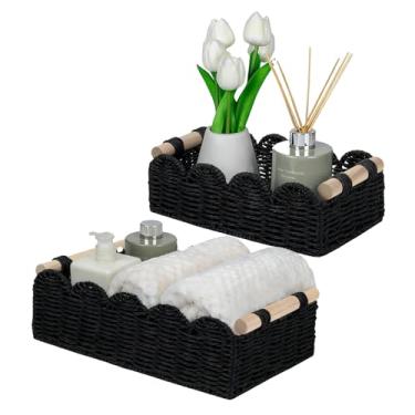 Imagem de Rattanzenith Conjunto de 2 cestas decorativas pretas com borda recortada, pequenas cestas de armazenamento de corda de papel para casa, sala de estar, prateleira sobre vaso sanitário, mesa de canto e