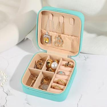 Imagem de Caixa de joias de viagem, caixa de presente de dama de honra, pequena caixa de joias mini organizador de joias, caixa de armazenamento de brincos portátil de poliuretano para mulheres (azul, 9,5 x 9,5