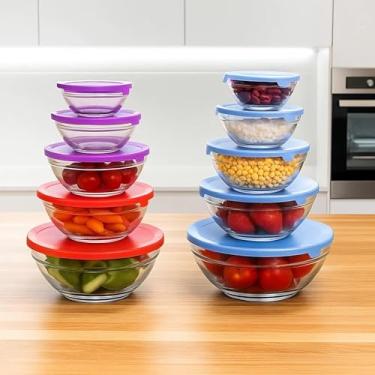 Imagem de Conjunto 5 Potes Recipiente Guarda Fruta Condimentos Vidro Marmita Tigela Conserva Alimentos Resistente