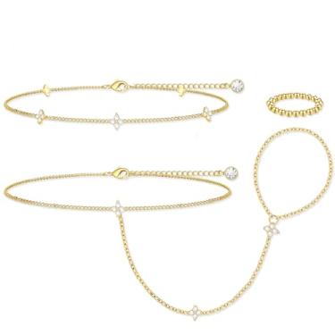 Imagem de MOINSPIRE Pulseira de corrente de mão de ouro para mulheres - 3 peças banhado a ouro 14K moderno delicado ajustável empilhável corrente de mão, anéis elásticos com contas não mancham joias presente