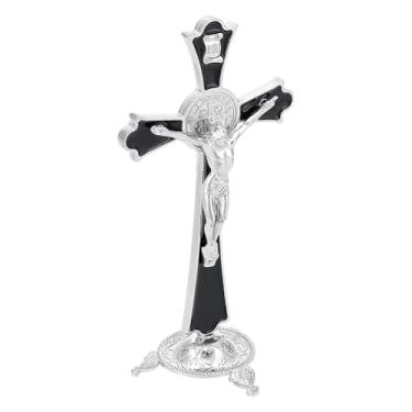 Imagem de UNICRAFTALE Cruz de mesa de metal com crucifixo de platina para exibição de cruz de altar, presentes de crucifixo de mesa para decoração de casa, orações 10,5 x 7,4 x 20,7 cm