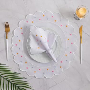 Imagem de Conjunto de 12 jogos americanos estilo americano Jogos americanos para uma mesa de jantar para 6 pessoas Arranjo de mesa Guardanapos redondos Mesa de jantar(Branco Bolinhas Claras)