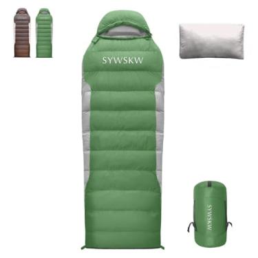 Imagem de SYWSKW Saco de dormir com travesseiro, saco de dormir retangular ultraleve para adultos, mochila jovem, caminhada e acampamento ao ar livre com zíper bidirecional YKK 680 FP Down (verde 1,7 °C)