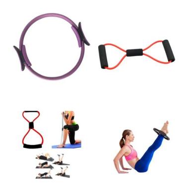 Imagem de Kit Pilates Completo com Anel Mágico 38 cm Azul e Elástico Extensor de