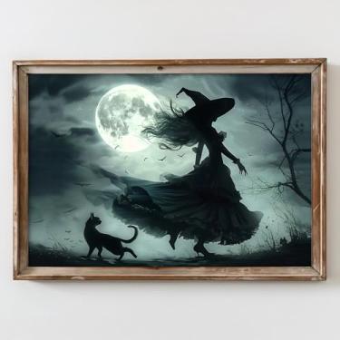 Imagem de Arte de parede em tela de lua cheia com imagens de bruxa e gato, pintura gótica de Halloween, estampa vintage de bruxa, arte acadêmica, arte de parede de bruxa temperamental, imagens de lua escura