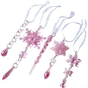 Imagem de Conjunto de 5 enfeites de acrílico transparente para pendurar em floco de neve com padrão de gelo elegante para exibição de árvore de férias de inverno, janela e cornija, rosa, azul, transparente