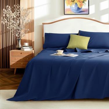 Imagem de LBRO2M Jogo de lençóis de 1500 fios 100% algodão egípcio 40,6 cm com bolso profundo Queen Size conjuntos de 4 peças (Queen, azul marinho)