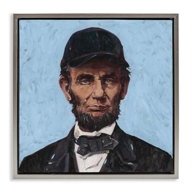 Imagem de Stupell Industries Honest Abe com boné de beisebol moldura cinza flutuante arte de parede em tela, design por Studio Bautista, 18 x 18
