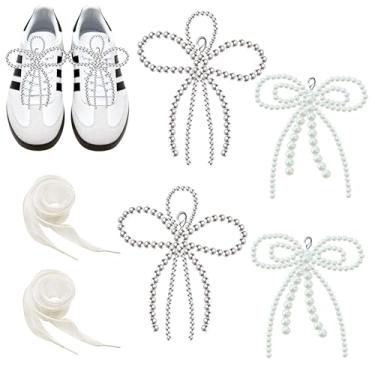 Imagem de J6&H6 6 peças elegantes pingentes de sapato com laço de pérola para decoração de tênis, pingentes de cadarço de renda, acessórios de joias de tênis DIY, decorações de fivelas de sapatos para mulheres