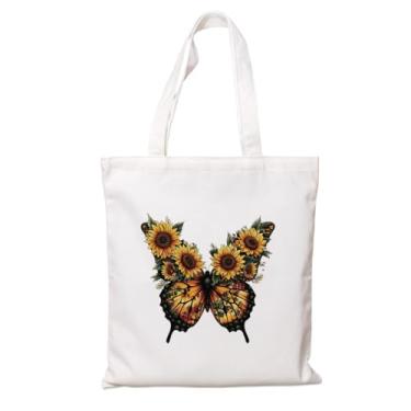 Imagem de Sacola moderna para mulheres, sacola de lona animal, bolsa de algodão com borboleta estética e girassóis para compras, trabalho, férias diárias, presente para amantes de animais, sacolas de compras de