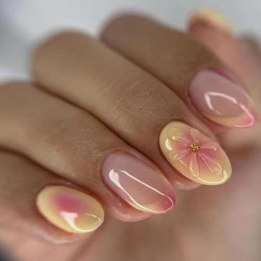 Imagem de 24 peças de unhas postiças ovais curtas com flores 3D, cobertura total de glitter acrílico francês, cola falsa na unha, unhas adesivas reutilizáveis naturais para mulheres, meninas, decorações de