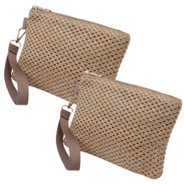 Imagem de CREATCABIN Bolsa de mão feminina de palha, 2 peças, bolsa de mão de palha, bolsa clutch com zíper, boêmia, bolsa de verão e praia, Mocha, 19.8×15.5 cm