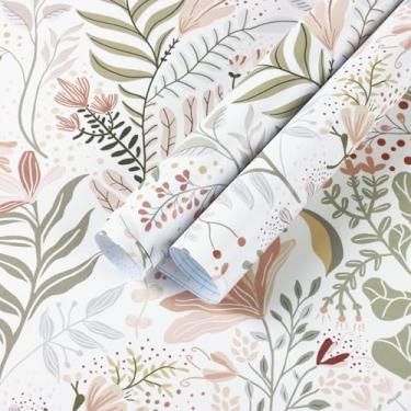 Imagem de Safiyya Papel de parede floral Peel and Stick Boho Contact Paper 43.9 cm x 199.9 cm Papel de parede removível autoadesivo impermeável para banheiro e quarto, papel de parede moderno botânico rosa