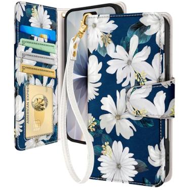 Imagem de Toycamp Capa carteira para iPhone 17 com alça de pulso - Capa de telefone flip de couro com bloqueio RFID 4 porta-cartões para Apple para iPhone 17 Funda Estética fofa para mulheres senhoras, flor