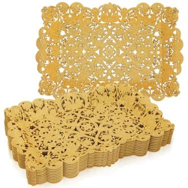 Imagem de LemonRoad Pacote com 10 bandejas de plástico dourado, 41 x 28 cm, conjunto de travessas retangulares de renda vazadas, reutilizáveis, douradas, para café, comida, sobremesa, cupcake, aniversários
