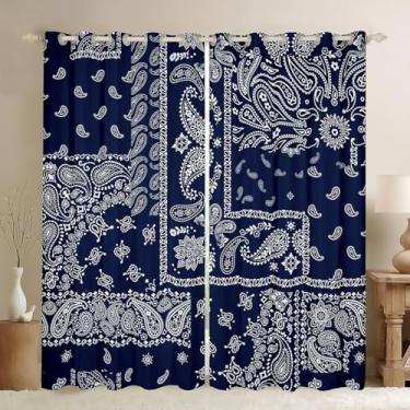 Imagem de Cortinas de janela Boho Paisley Jacquard Paisley Flower Window Drapes, azul marinho e branco, tratamentos de janela com estampa floral, decoração de quarto de mulheres adolescentes, conjunto de 2