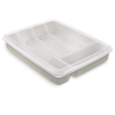 Imagem de Porta Talheres Com Tampa e Divisórias Organizador Gaveta Cozinha (Cinza Palha, 5 Divisórias)