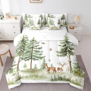 Imagem de Erosebridal Jogo de lençol solteiro com estampa de veado em uma bolsa, cabana de caça na selva, vida selvagem, acampamento, rústica, respirável, leve, com desenho de pinheiro e animais da selva