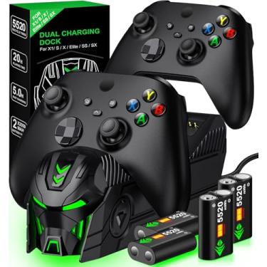 Imagem de Techerleaf Estação carregadora de controle recarregável com bateria de 4 x 5520 mWh, compatível com Xbox Series X/S/Xbox One/One X/One S Elite, acessórios de armazenamento com 4 baterias - preta