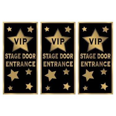 Imagem de Beistle Capas de porta de entrada de palco VIP – Pacote com 3, decoração de festa de Hollywood de plástico fino com estrelas douradas, pano de fundo de evento de tapete vermelho para noites de cinema
