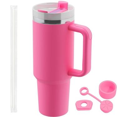 Imagem de Copo de 1,134 g com alça e tampa de canudo Capa de silicone à prova de vazamento Tampa de palha Caneca de café de viagem Garrafa de água de aço inoxidável Copo isolado para bebidas quentes e frias