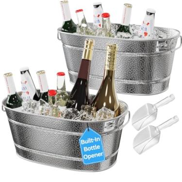 Imagem de Pacote com 2 banheiras galvanizadas com alças - banheira de bebidas com 2 colheres de gelo, balde de gelo de 6 litros para festas, baldes de metal para festas para coquetéis de champanhe, resfriamento