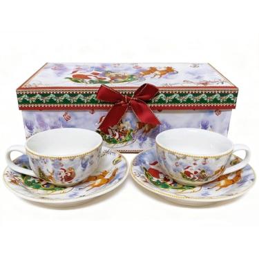 Imagem de 2 conjuntos de balde de xícara de café de porcelana de Natal de 118 ml, xícara de cerâmica branca com pires, com caixa de presente