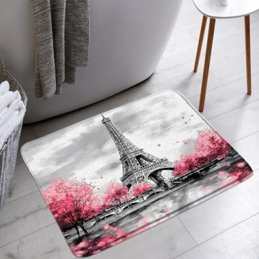 Imagem de AMFD Tapete de banho Torre Eiffel rosa romântico França Paris cidade arquitetônico cultural impressão marco banheiro banheira tapetes de chão tapete decoração de vaso sanitário, 45,7 x 76,2 cm