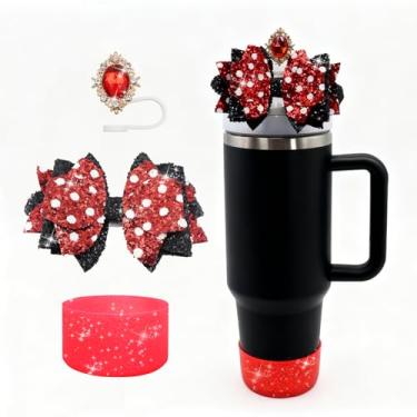 Imagem de Conjunto de 3 peças de acessórios para copo Stanley de 30 e 1,134 g com alça, decoração de canudo de laço fofo e topo de palha de 10 mm, bota de silicone com glitter, acessórios de copo fofos