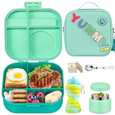 Imagem de Lancheira infantil Bento com garrafa térmica de sopa de 340 g, recipiente de comida à prova de vazamento para almoço infantil com 4 compartimentos, lancheira isolada e copo de água para meninas e