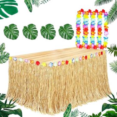 Imagem de Luau Grass Saia de mesa havaiana natural 2,5 m x 75 cm, 6 peças de folhas verdes tropicais, 6 peças havaianas Leis para festa Luau para decorações de festa havaiana tropical festa fantasia festa luau