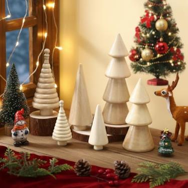 Imagem de Namalu 6 peças vintage mini árvore de Natal de madeira, fazenda, madeira feita à mão, conjunto de mini árvores de Natal rústicas, mesa de Natal, centro de mesa, estatuetas para decoração de mesa (cor