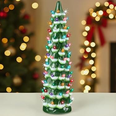 Imagem de Best Choice Products Árvore de Natal de cerâmica, decoração de férias de mesa pintada à mão pré-iluminada com lâmpadas multicoloridas, luzes LED – verde flocado