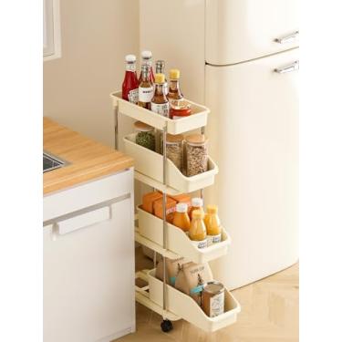 Imagem de Carrinho de armazenamento fino, 4 andares, fino, com cestas e rodas para espaço estreito na cozinha, sala de jantar, banheiro, lavanderia, creme branco (largura 16,3 cm)