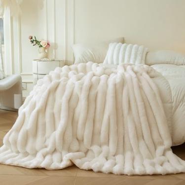 Imagem de MEGO Manta fofa de pele de coelho sintética, cobertor felpudo de pelúcia com nervuras de luxo para cama, sofá, cadeira, marfim, salsicha, quarto, sala de estar, cobertor peludo para crianças, meninas
