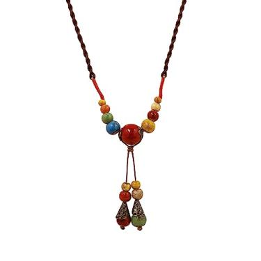 Imagem de MINACHI Colar longo vintage boêmio étnico colorido com contas de cerâmica, hippie, boêmio, moda de verão, joia de presente para mulheres, Cerâmica, Sem Pedra Preciosa