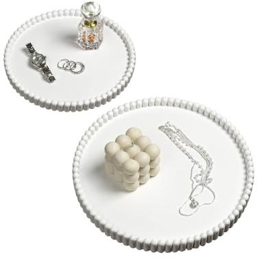 Imagem de happimess TRY3001C-2SET Bandejas decorativas modernas minimalistas de concreto caneladas para armazenamento, decoração, exibição, mesa de centro ou servir comida, branco (conjunto de 2)