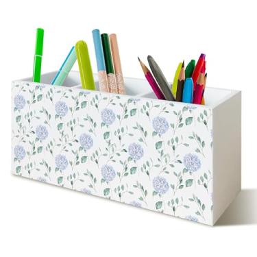 Imagem de YTRGI Porta-lápis Grandmillennial azul hortênsia para mesa, placa de bloco de madeira botânica floral azul e branca para decoração de mesa de escritório em casa
