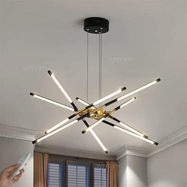 Imagem de Luminária pendente LED moderna, preta e dourada, dimerizável, 80 cm de comprimento, para sala de estar, com design de fogos de artifício, lustre, iluminação de teto para quarto, cozinha, sal