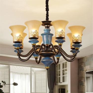 Imagem de Lustre de luxo europeu para sala de estar, estilo retrô americano, em cerâmica, para restaurante, quarto, escritório, hotel, villa, café, com luminária pendente LED (8 lâmpadas E).
