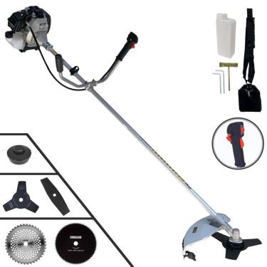 Imagem de Roçadeira Aparador de Grama Toyama TBC43H À Gasolina 1,7HP 43cc Com Lâmina Facão + Lâmina 3 Pontas + Disco 40 Dentes e 80 Dentes + Carretel de Nylon