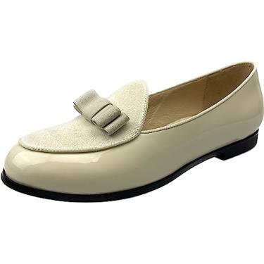 Imagem de Justar Mocassins femininos de couro genuíno com fivela e salto baixo sem cadarço para dirigir mocassim feminino, Laço bege, 38